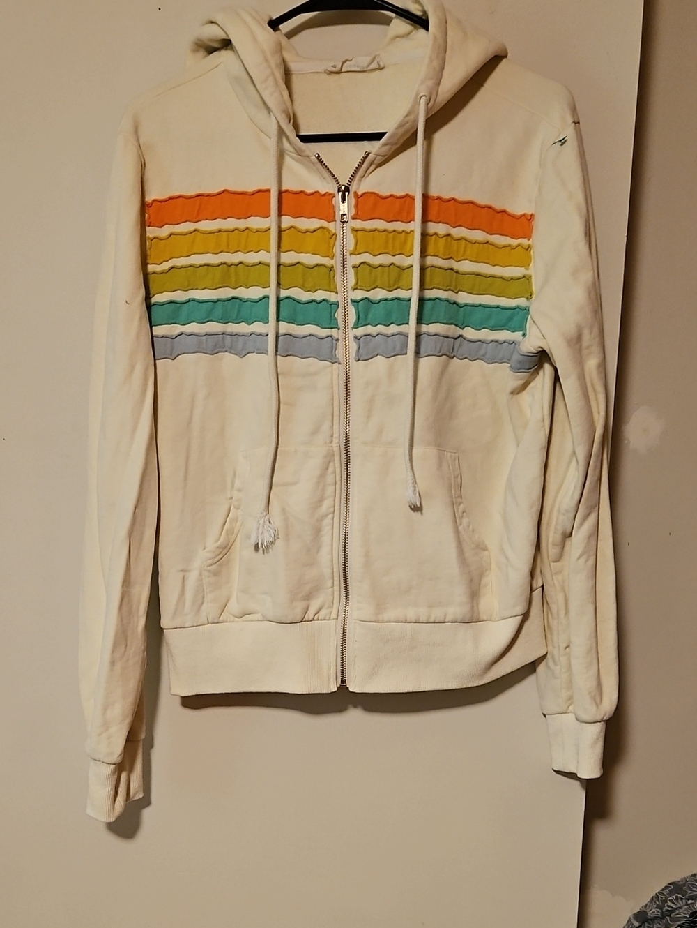 By Together Cream Zip Hoodie with Rainbow Wave Stripes